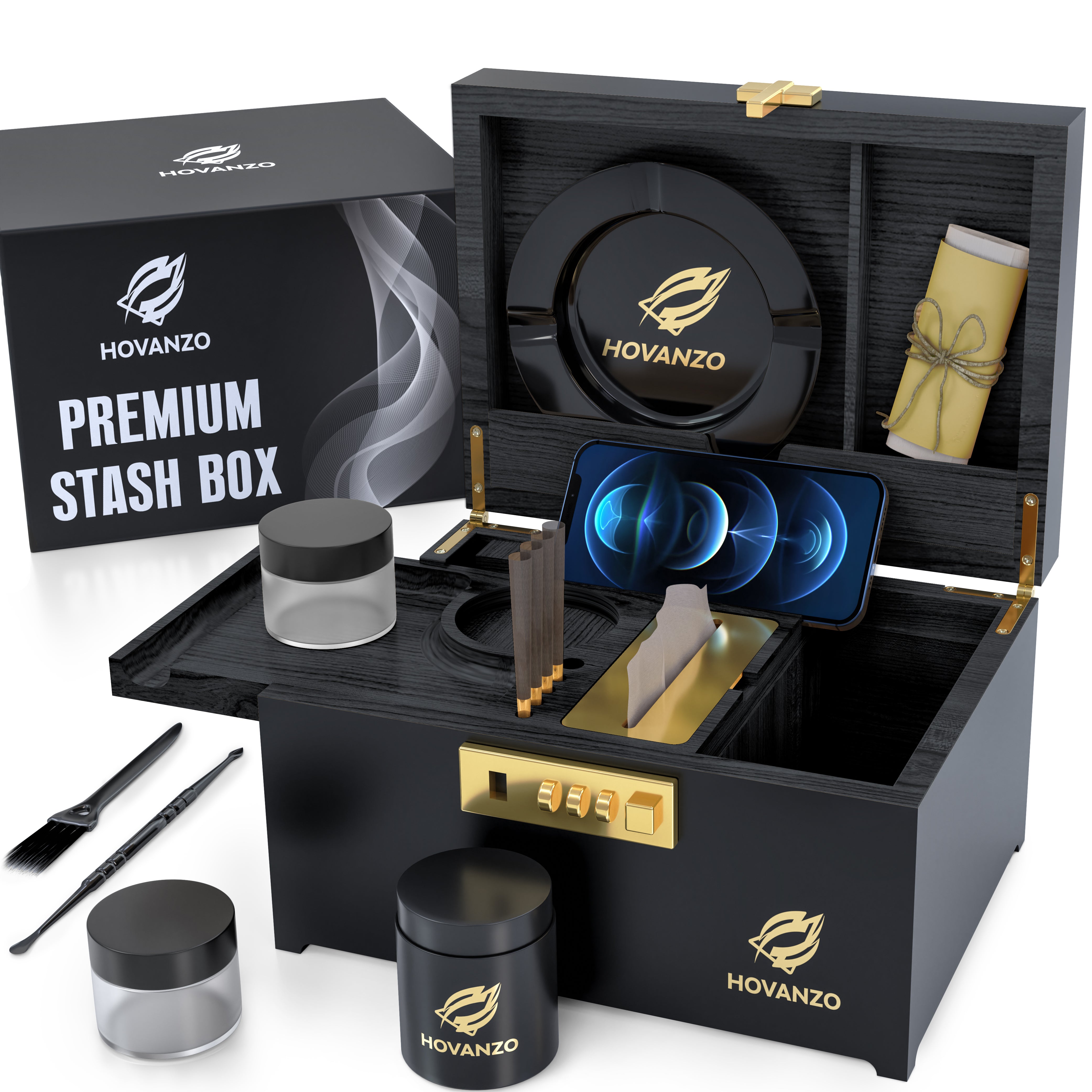 Premium Large Bamboo Box with Rolling Tray and with Accessories
