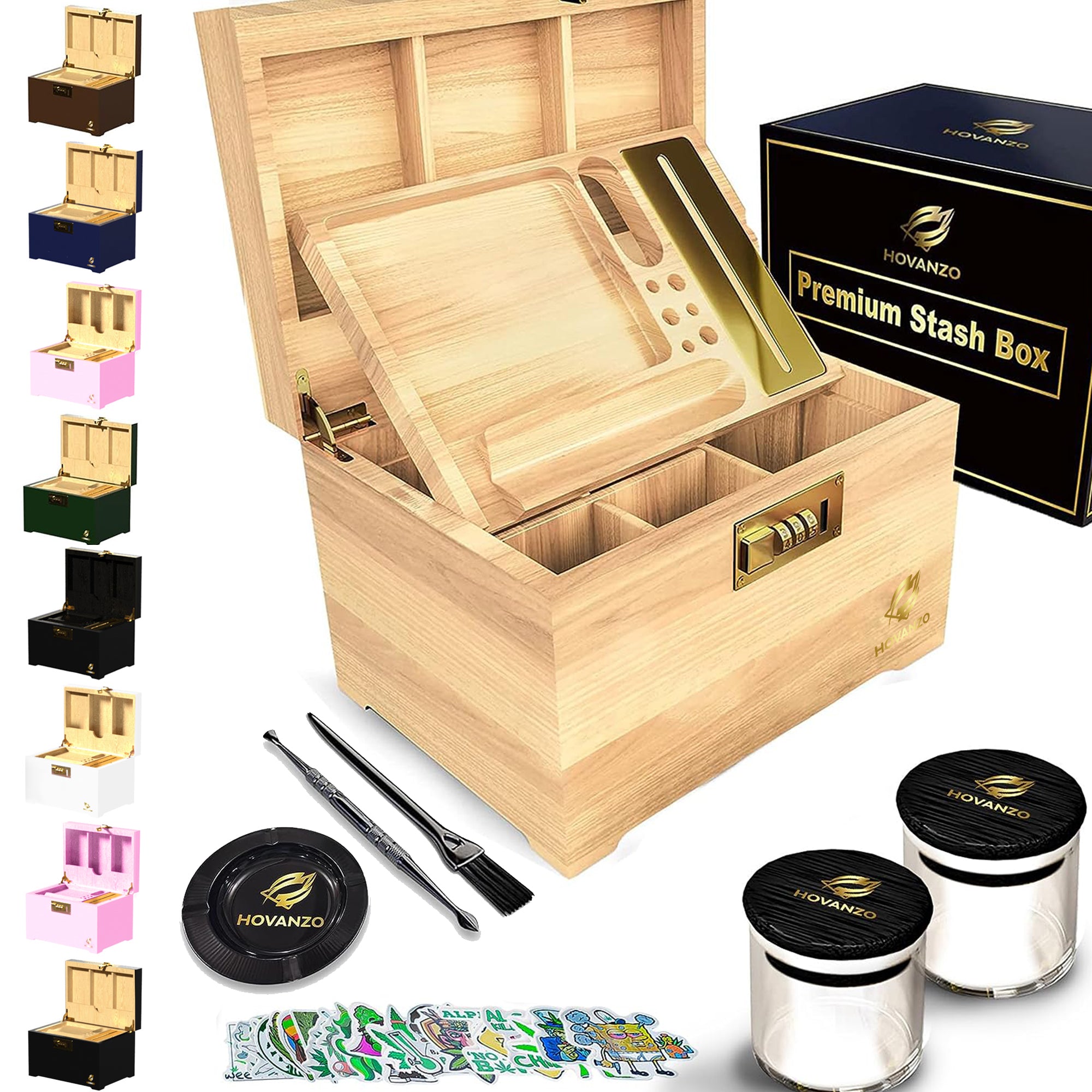 HOVANZO Premium Large Bamboo Box - Storage Box Wooden Locking Storage Box with Rolling Tray - Storage Wood Box for Herbs and Accessories - Storage Box Set with Combination Lock